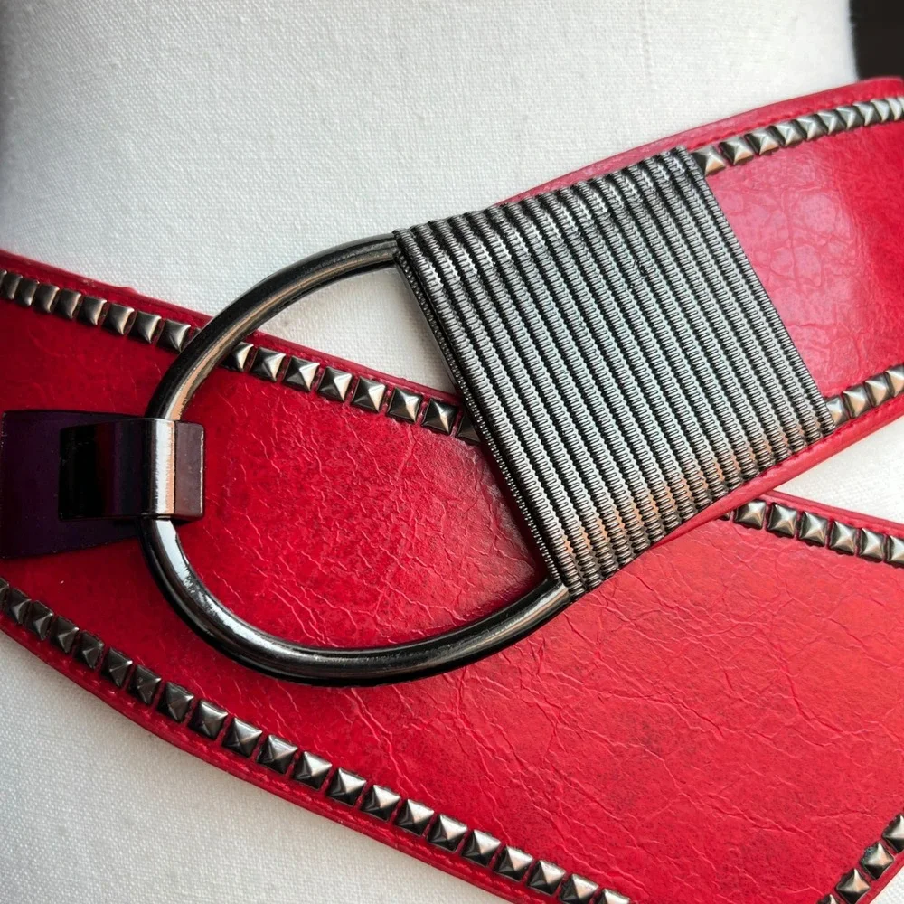 Y2K Studded Asymmetrical Elastic Cinch Waist Belt Statement Red Punk Thick Wide